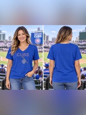 🆕 Chicago Cubs Women’s Rhinestone V-Neck T-Shirt XS–1XL BNWOT